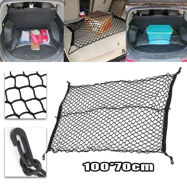 Organisateur général de voiture 100cm X 70cm, filet de rangement de coffre noir, sac à bagages, réseau arrière en Nylon avec 4 crochets, grande capacité