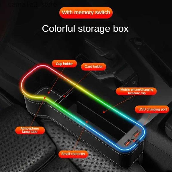 Organizador de automóviles Nueva caja de almacenamiento de grietas para automóviles con 2 cargadores USB Colorido LED Espacio para asientos Ranura para asientos Organizador de asientos Tarjeta Teléfono Botella Tazas Titular Q231109