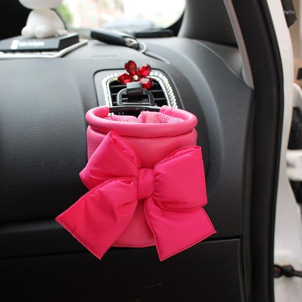 Caja organizadora de salida de aire para coche, caja de almacenamiento de cuero con lazo rosa, soporte para teléfono móvil automático, bolsa para guardar y ordenar, accesorios interiores para niñas