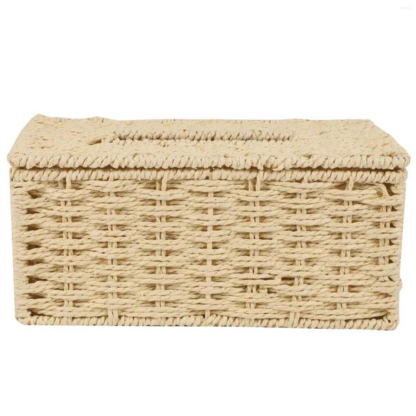 Organiseur de voiture en rotin, boîte à mouchoirs, porte-serviettes Vintage, étui de rangement, couvercle de conteneur, décoration de salon et de bureau (Beige)