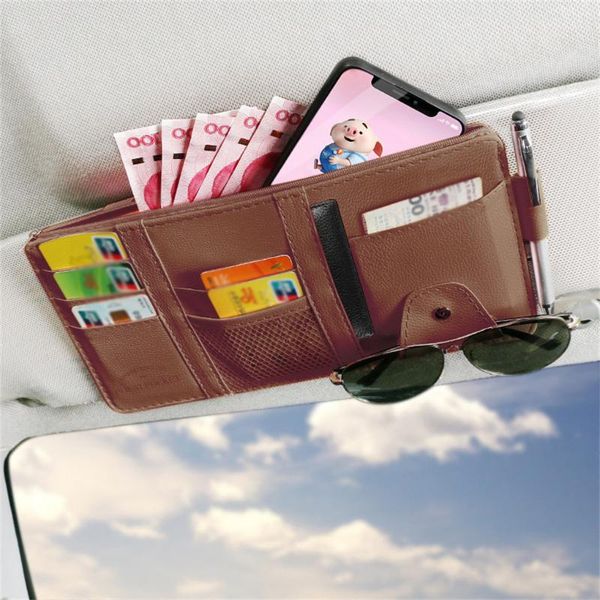 Organizador de coche con estilo, visera Universal con correa elástica, bolsa de almacenamiento, gafas automotrices, soporte para bolígrafo para teléfono móvil con cremallera