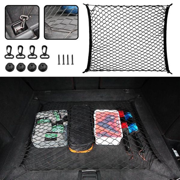 Organizador de coche, almacenamiento trasero de maletero, equipaje de carga, soporte de red elástica de nailon con 4 ganchos de plástico, bolsillo para furgoneta, camioneta, SUV, MPVCar