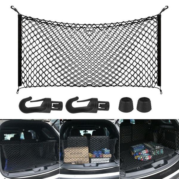 Organisateur de voiture Universel Élastique Filet Sac Titulaire Pour Coffre Arrière Stockage Cargo Bagages Avec 4 Crochets En Plastique Poche 90x40cm