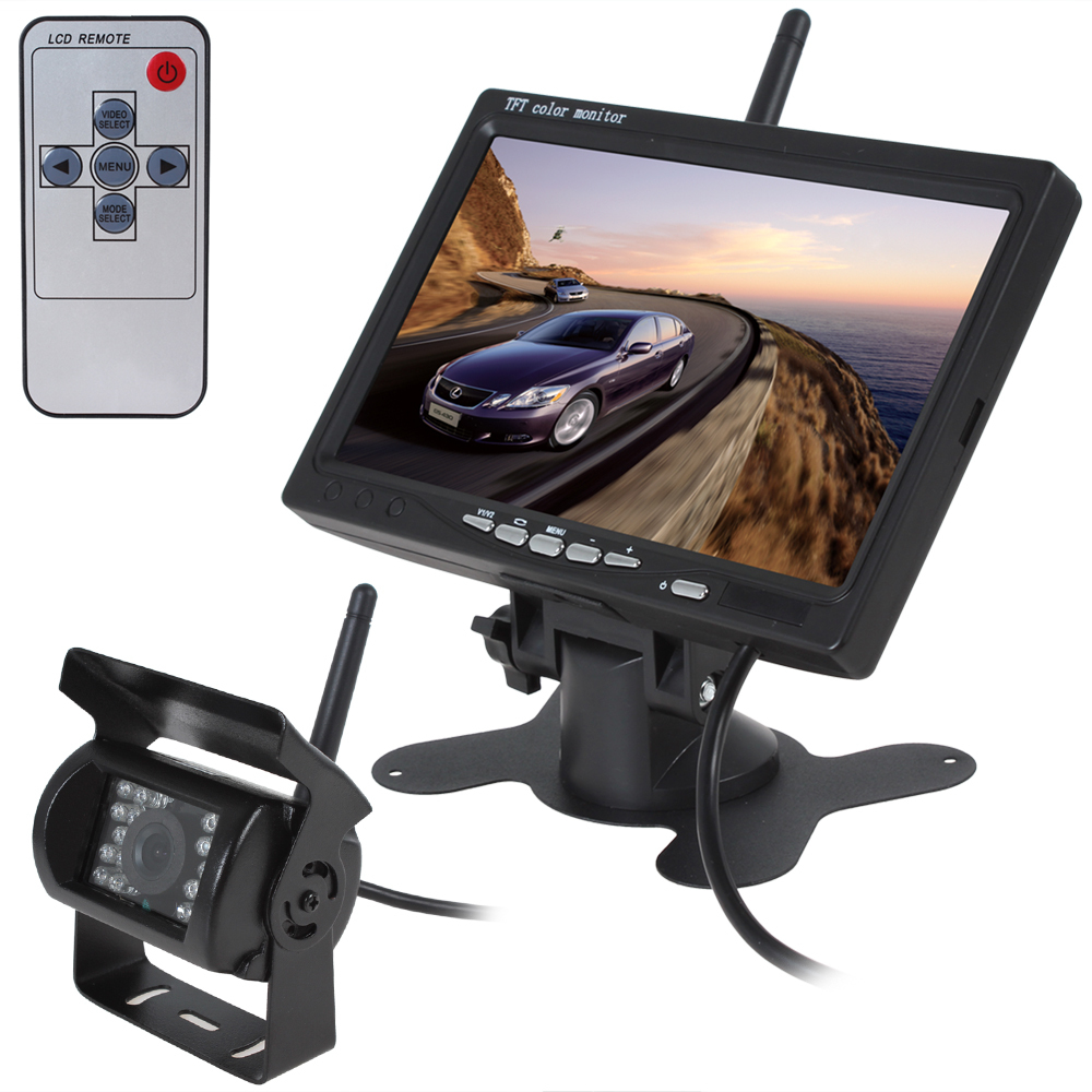 Car Parking 100M 2.4G wireless rear view camera 120 degree backup camera+ 7 Inch 800*480 TFT LCD Mini Car Rearview Monitor