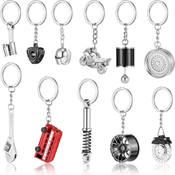 Pendentifs de voiture Pièces d'auto Porte-clés en métal Porte-clés Turbo Spinning Clé en argent Porte-clés Porte-casque de moto Roue Pneu Jante Rotor de frein Amant de bus rouge