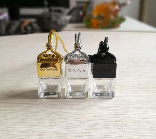 Bouteille de parfum de voiture Diffuseur d'huile parfumée Ornement de vue arrière Suspendu Diffuseur d'huiles essentielles Cube Creux Désodorisant Parfum Bouteilles en verre vides Pendentif 916