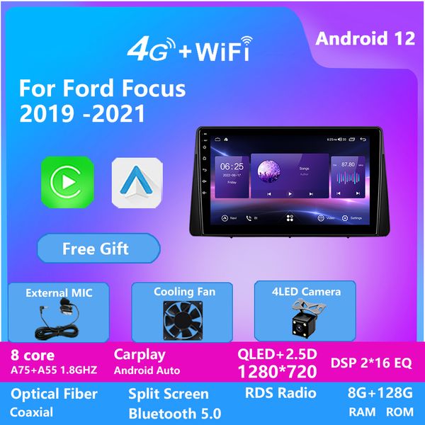 Coche QLED 8G 128G vídeo para Ford FOCUS 2019-2021 Android 12 Radio reproductor Multimedia 4G navegación MP5 DVD Audio HD