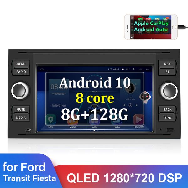 Autoradio 2 Din Android 10 8 + 128G récepteur stéréo GPS DSP pour Ford Focus Transit Fiesta Focus Galaxy Mond Fusion c-max