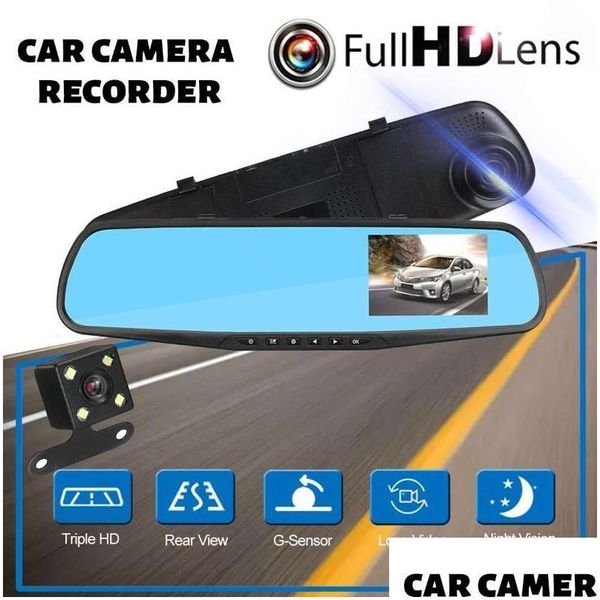 Caméras de vue arrière de voiture Capteurs de stationnement FL HD 1080P Caméra DVR 4,3 pouces Enregistreur de données mobile Rétroviseur Dash Vidéo numérique Dual Dro Dhcgz