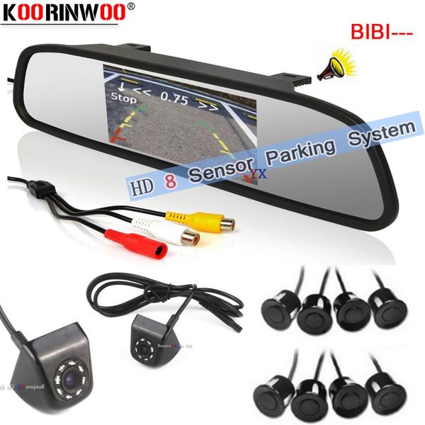 Cámaras de visión trasera para coche, sensores de aparcamiento, Koorinwoo ultrasónico Parktronic, 8 sondas, zumbador, cámara frontal, Monitor de pantalla, Kit de espejo