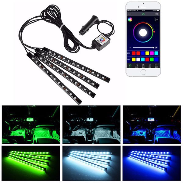 Car RGB LED Strip Light LED Tiras Luces Colores Cary Styling Coches decorativos Atmósfera Lámparas Iluminación interior con controles remotos 12V crestech