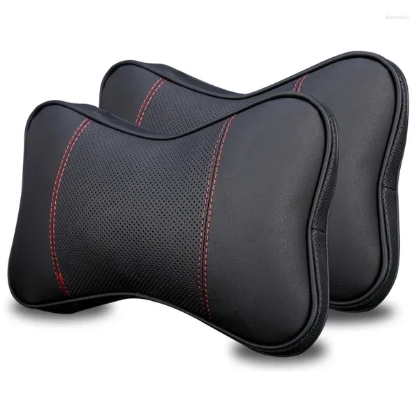 Cubiertas de asiento de automóvil 2 paquetes Almohada de reposacabezas Cojín de espuma de memoria con soporte de cuello de cubierta de PU para negro rojo