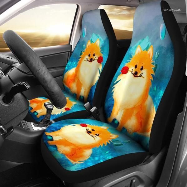 Housses de siège de voiture 2pcs mignon chien de Poméranie Impression artistique