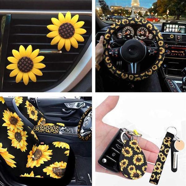 Housses de siège de voiture 9 pièces, le kit d'accessoires de voiture universel en tournesol comprend 2 pièces de housses de siège avant de voiture, volant en tournesol C279n