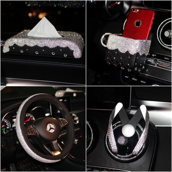 Cubiertas de asiento de coche Bling Rhinestones Decoración interior Caja de pañuelos de cristal Ventilación de aire Clip de perfume Soporte para teléfono Accesorios colgantes2160