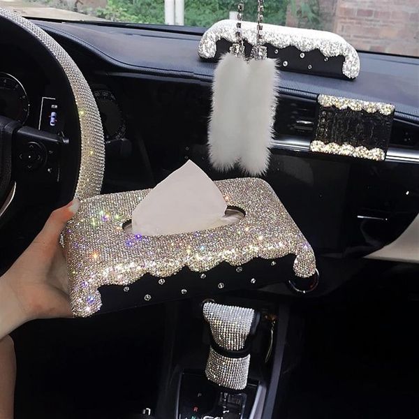 Fundas de asiento de coche, diamantes de imitación ostentosos, decoración Interior, caja de pañuelos de cristal, ventilación de aire, Clip de Perfume, soporte para teléfono, accesorios colgantes 2493