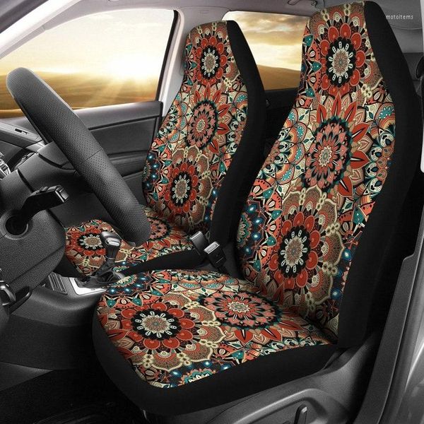 Housses de siège auto marron rouge mandalas bohème chic bohème paire 2 accessoires de protection avant