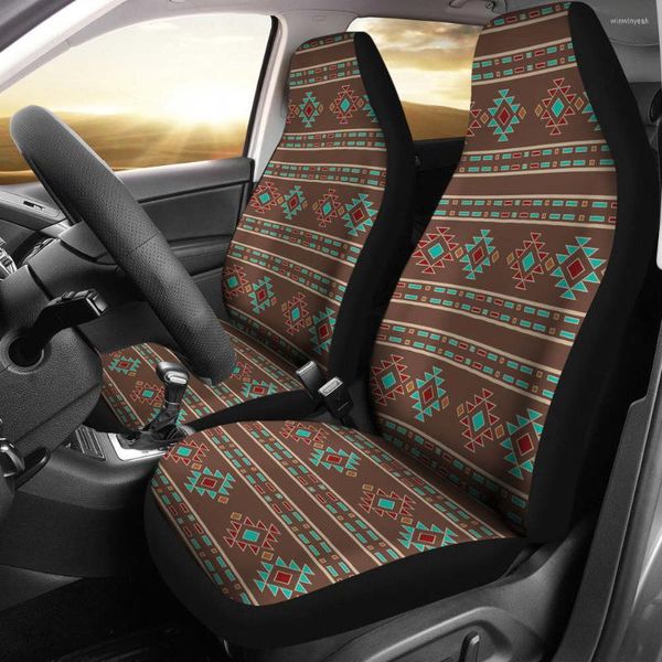 Couvoirs de siège d'auto brun foncé turquoise rouge Tribal de motif ethnique Pack de 2 couvertures de protection avant universelles