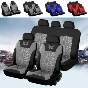 Fundas de asiento de coche Juego de bordado Unverisal Fit Most Cars Tire Track Auto Protector Delantero Trasero Negro