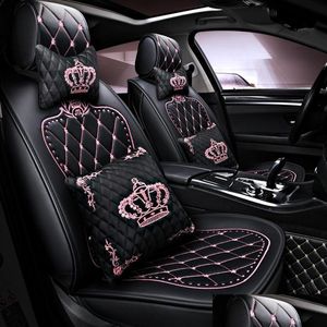 Housses de siège de voiture Ers 10pcs ER Set Couronne brodée Cuir P Diamant Style Soft Avant Protecteur Coussin Arrivée Quatre Saisons Drop Dhjld