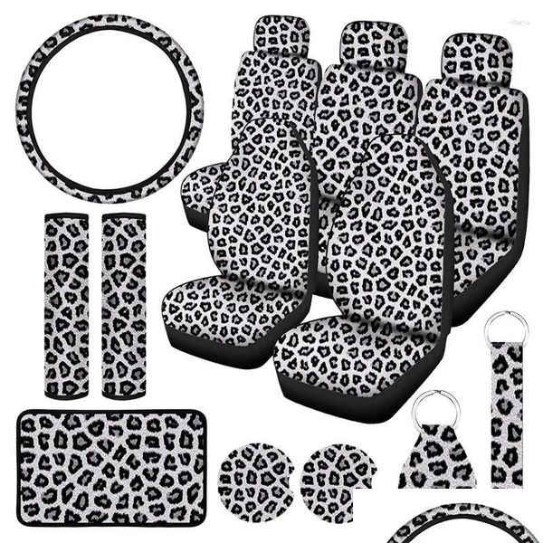 Housses de siège de voiture ERS 15pcs Leopard Print Er Kit Coussinets de ceinture de volant Coasters Accoudoir Pad Porte-clés Drop Livraison Automobiles Motorc Otmvy