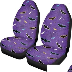 Housses de siège de voiture Ers Bats et toile d'araignée violet avant pour voitures femmes hommes Halloween chauve-souris toutes saisons protection 2 pièces livraison directe Automobil Ot8Ou