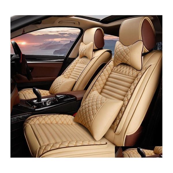 Housses de siège de voiture Ers Fit Accessoires Er Sedan Fl Set Design Durable Pu Cuir Ajuatable 5Sièges avec appuie-têtes Oreillers Coussin pour D Dhm9L