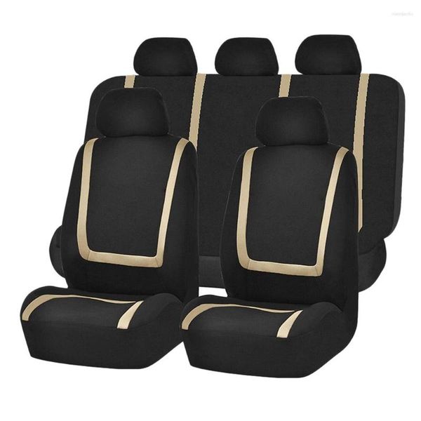 Fundas de asiento de coche Conjunto de funda trasera de banco delantero y trasero Reposacabezas desmontables para coches Camiones SUV Negro Beige