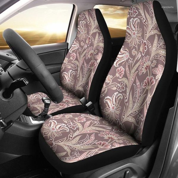 Housses de siège de voiture Gris Beige Marron Floral Fleurs Paire 2 Accessoires de protection avant