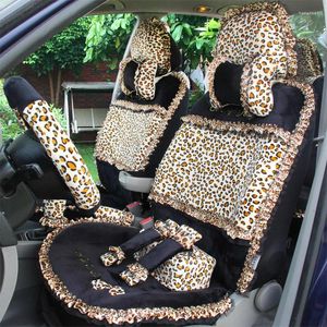 Housses de siège de voiture en dentelle imprimée léopard, universelles, courtes, en peluche, ensembles automobiles d'hiver pour femmes, accessoires d'intérieur, 19 pièces