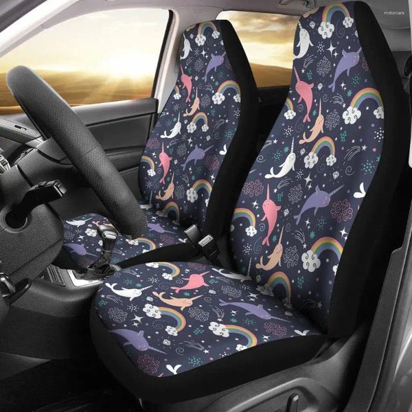 Fundas para asientos de coche, juego de fundas con estampado de patrón Narwhal, accesorios de 2 piezas, alfombrillas