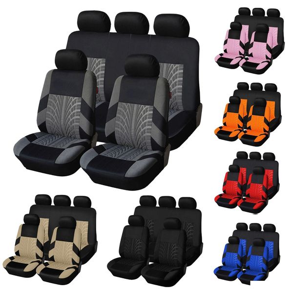 Cubiertas de asiento de automóvil Nuevo asiento de automóvil transpirable Ers Fl Set Tire Track Traje en relieve para camión SUV Van Material de poliéster duradero Entrega de gota Dhy2A