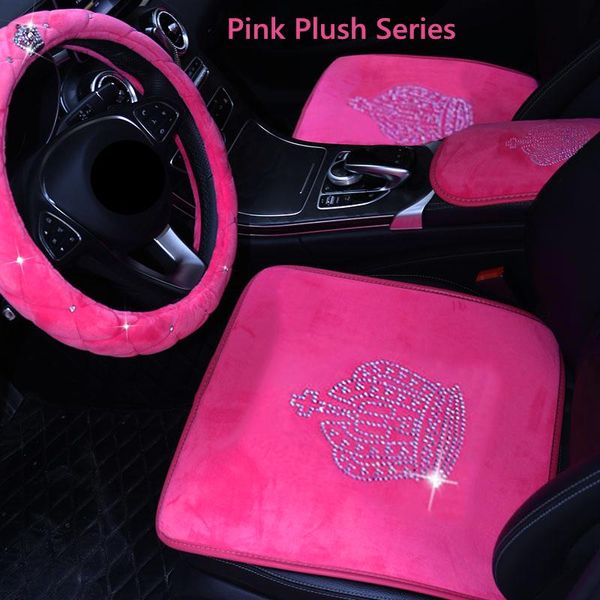 Fundas de asiento de coche, accesorios ostentosos rosas, conjunto Interior para mujeres y niñas, cojín automotriz cálido de felpa brillante, corona de cristal DecoCar