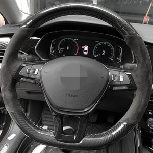 Housse de volant de voiture en daim noir, antidérapante, cousue à la main, en Fiber de carbone, pour Volkswagen Golf 7 Mk7 Passat B8