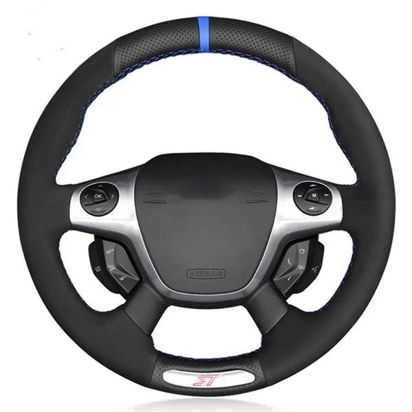 Housse de volant de voiture en cuir suédé noir souple, cousue à la main, pour Ford Focus 3 ST 2012 2013 2014238N