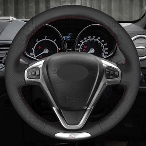Couverture de volant de voiture en cuir artificiel noir souple bricolage cousu à la main pour Ford Fiesta ST 2013 2014 2015 2016 2017 2018