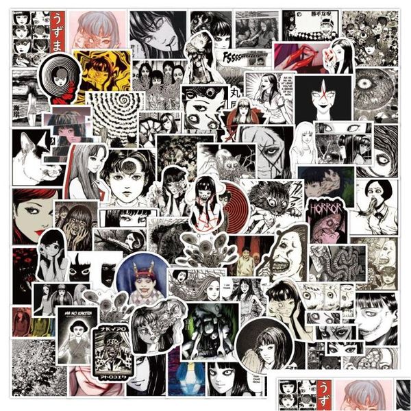 Pegatinas de coches 50 unids / lote japonés Junji Ito Horror Comics Tomie pegatina negro blanco Iti DIY estilo impermeable para computadora portátil monopatín D DHVPM