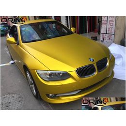 Autocollants de voiture Gold Chrome Vinyl Wrap Film With Air Bubble Golden Satin Vehicle FL Corps 1,52x20m / Roll Drop Livrot Automobiles Mo Ot8rz