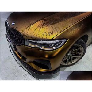 Autocollants de voiture Matte Metallic Midnight Gol Vinyle Enveloppement de vinyle Adhésif Autocollant Sticker Golden Metal Metal Roll Roll Air Release Drop Livrot Dhnov