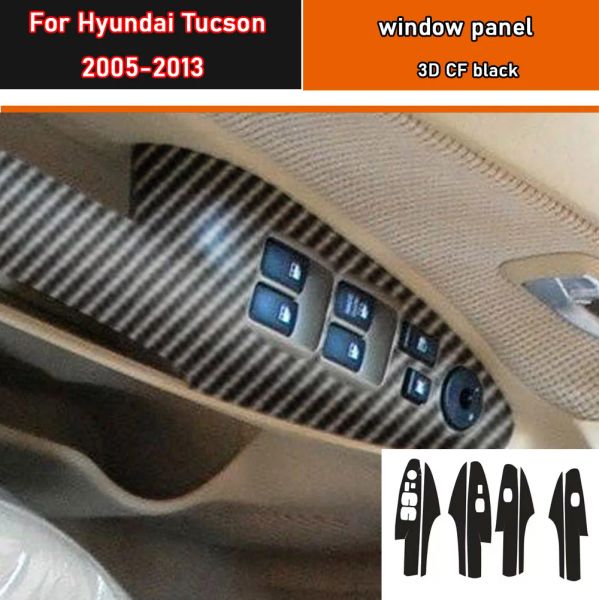 Autocollant de style de voiture en carbone noir, autocollant de garniture de panneau de commutateur de bouton de lève-vitre de voiture 4 pièces/ensemble pour Hyundai Tucson 2005 – 2013