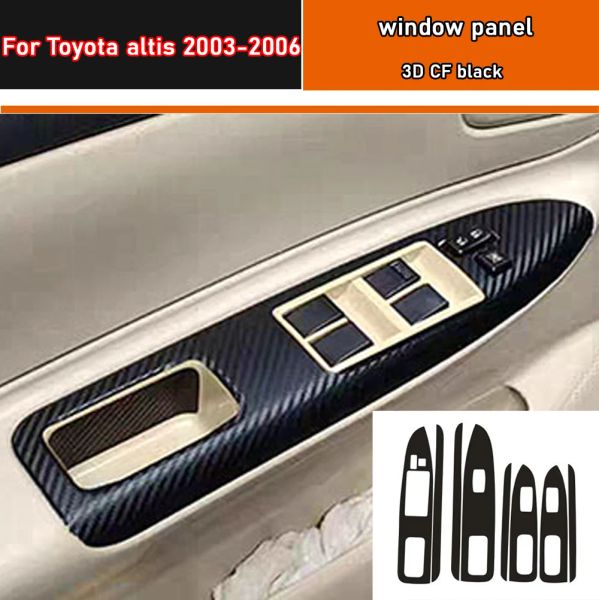 Autocollant de style de voiture en carbone noir, autocollant de garniture de panneau de commutateur de bouton de lève-vitre de voiture 4 pièces/ensemble pour Toyota altis 2003 – 2006