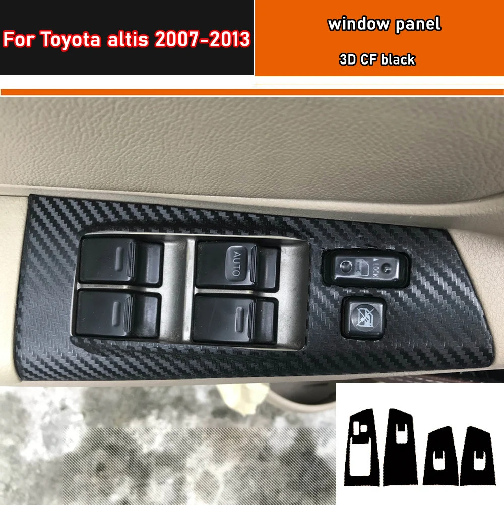 Calcomanía de carbono negro para estilo de coche, botón de elevación de ventana de coche, cubierta de Panel de interruptores, pegatina embellecedora, 4 unidades/juego para Toyota altis 2007-2013