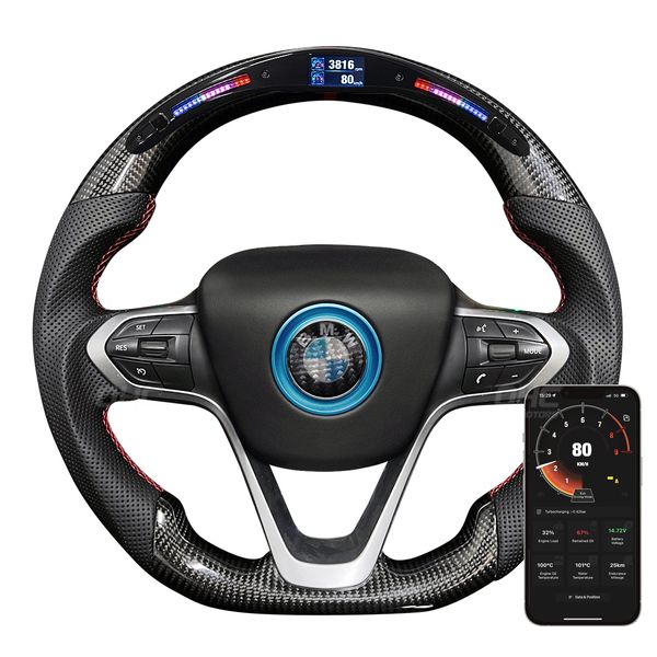Volante de conducción de estilo de coche, volantes LED con pantalla de carrera de fibra de carbono, compatibles con piezas de automóvil BMW I8