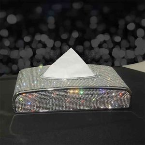 Auto Tissue Box Diamond Crystal Auto Luxe Houder Blok-type Styling Diamante Bling Cover Dames 210818