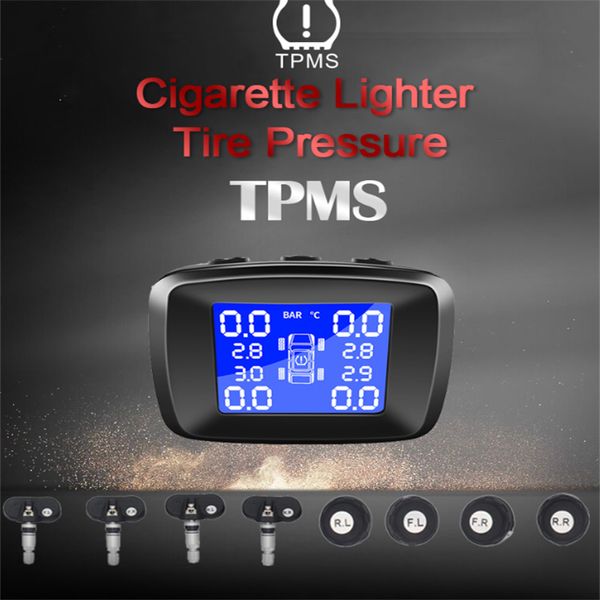 Coche TPMS Presión de neumáticos Sistema de monitoreo de presión de neumáticos Encendedor de cigarrillos Kit de monitor LCD con 4 sensores externos internos