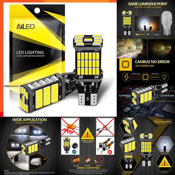 Aggiornamento auto AILEO 2PCS T15 W16W 921 912 T16 902 Lampadine a LED ad alta potenza 45pcs 4014SMD Super luminoso 1200LM Sostituisci per luce di retromarcia per auto Bianca