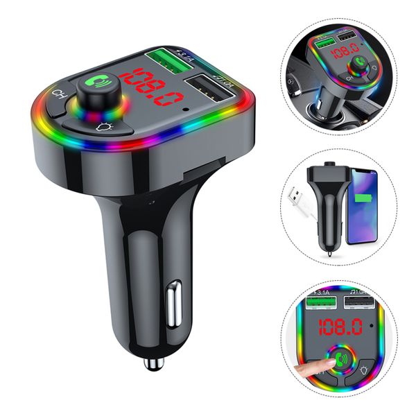 Chargeur USB de voiture Bluetooth 2 ports Aux Kit mains libres sans fil Transmetteur FM avec lumière ambiante colorée Affichage LED Lecteur de musique audio MP3