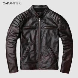 Caranfier mannen echt koe lederen jas mode stand kraag motorfiets biker jas plantaardige gebruinde geitenvin winterjas C1021