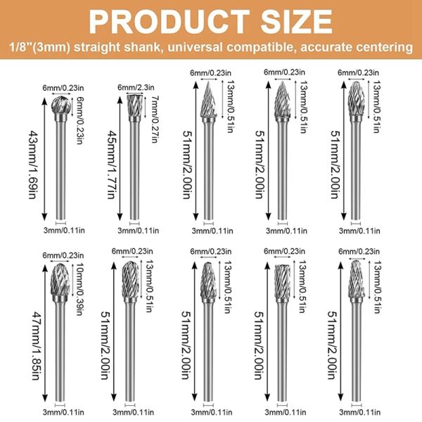 Bits de sculpture à double coupe en carbure, Burr Rotary Burr Set 1/8 pouce outil de Burrs de coupe de tige de tige pour perceuse à broyage, bois de bois