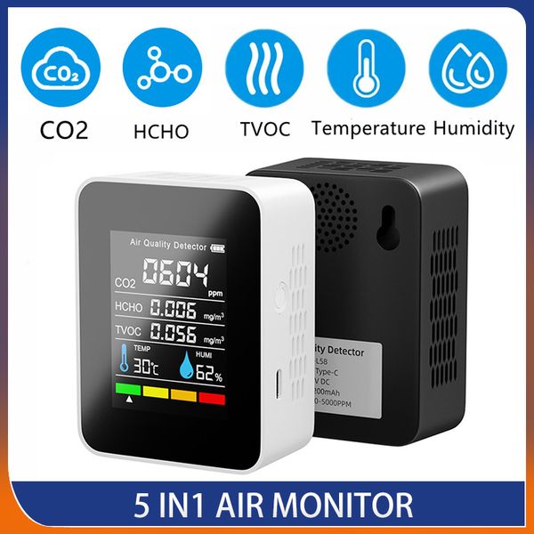 Analyseurs de carbone 5 en 1 moniteur de qualité de l'air compteur de CO2 détecteur de dioxyde de carbone Portable température et humidité TVOC HCHO analyseur de capteur de CO2 230823